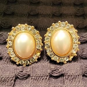 Trifari Pearl and Rhinestone Earrings Vintage